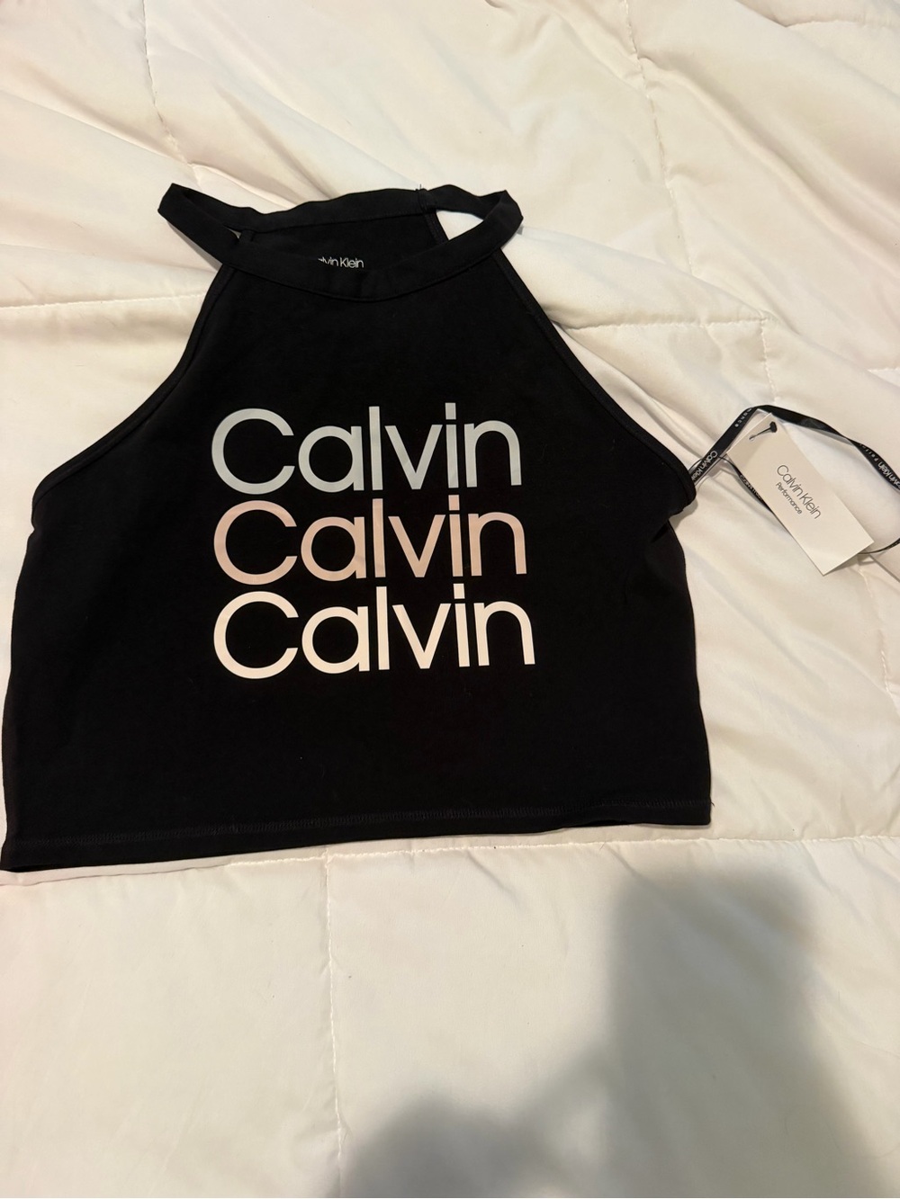 Calvin Klein Black Halter Logo Crop Top with Gradient Print